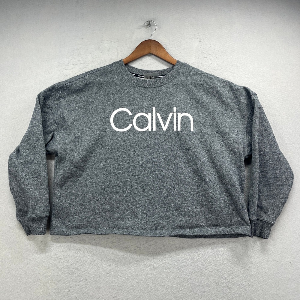 Calvin Klein Sweatshirt Womens L Gray Logo Pullover Crewneck Cropped Streetwear